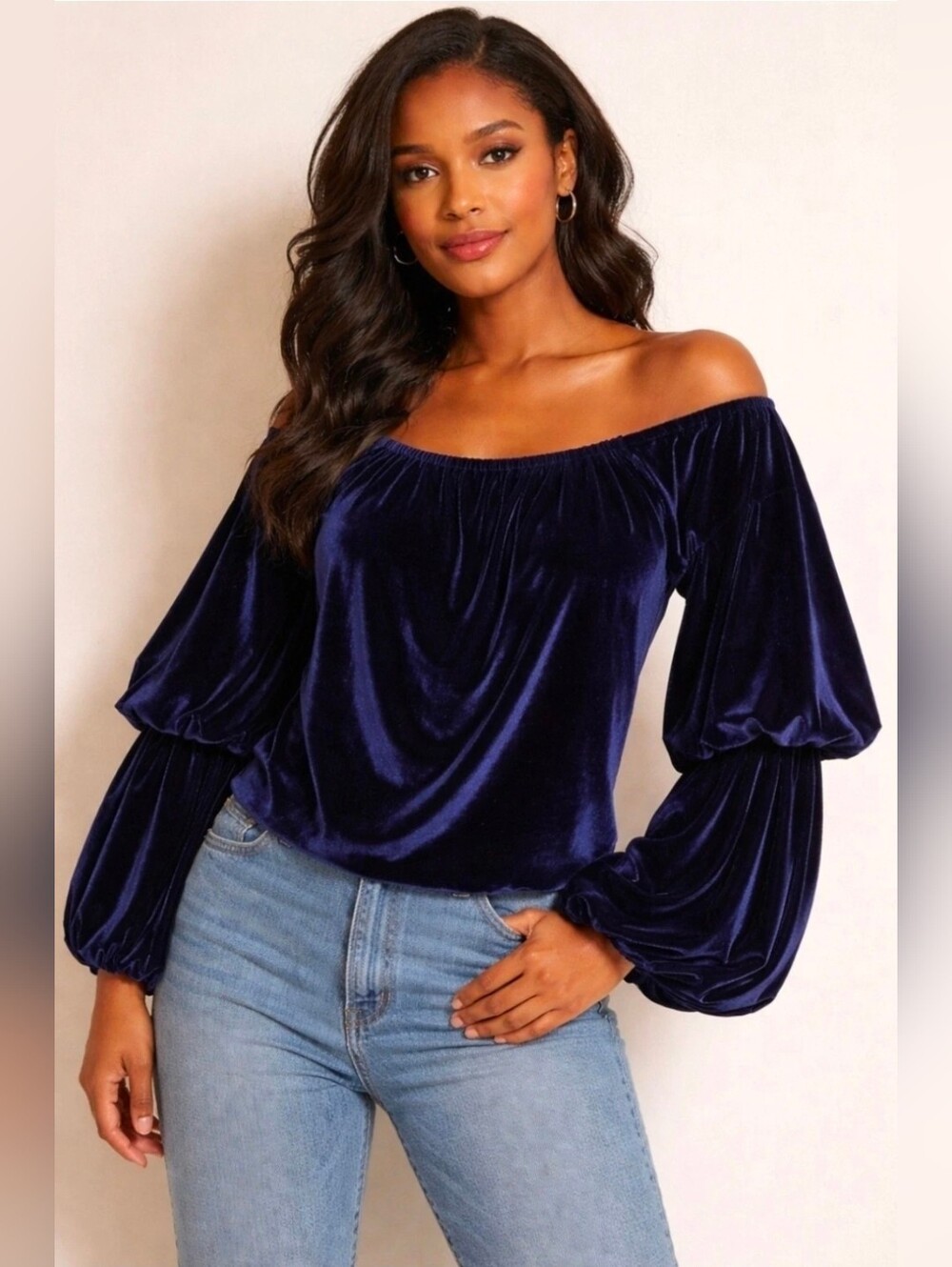 Navy Blue Velvet Peasant Blouse Puff Sleeve Boho Cottagecore Size M